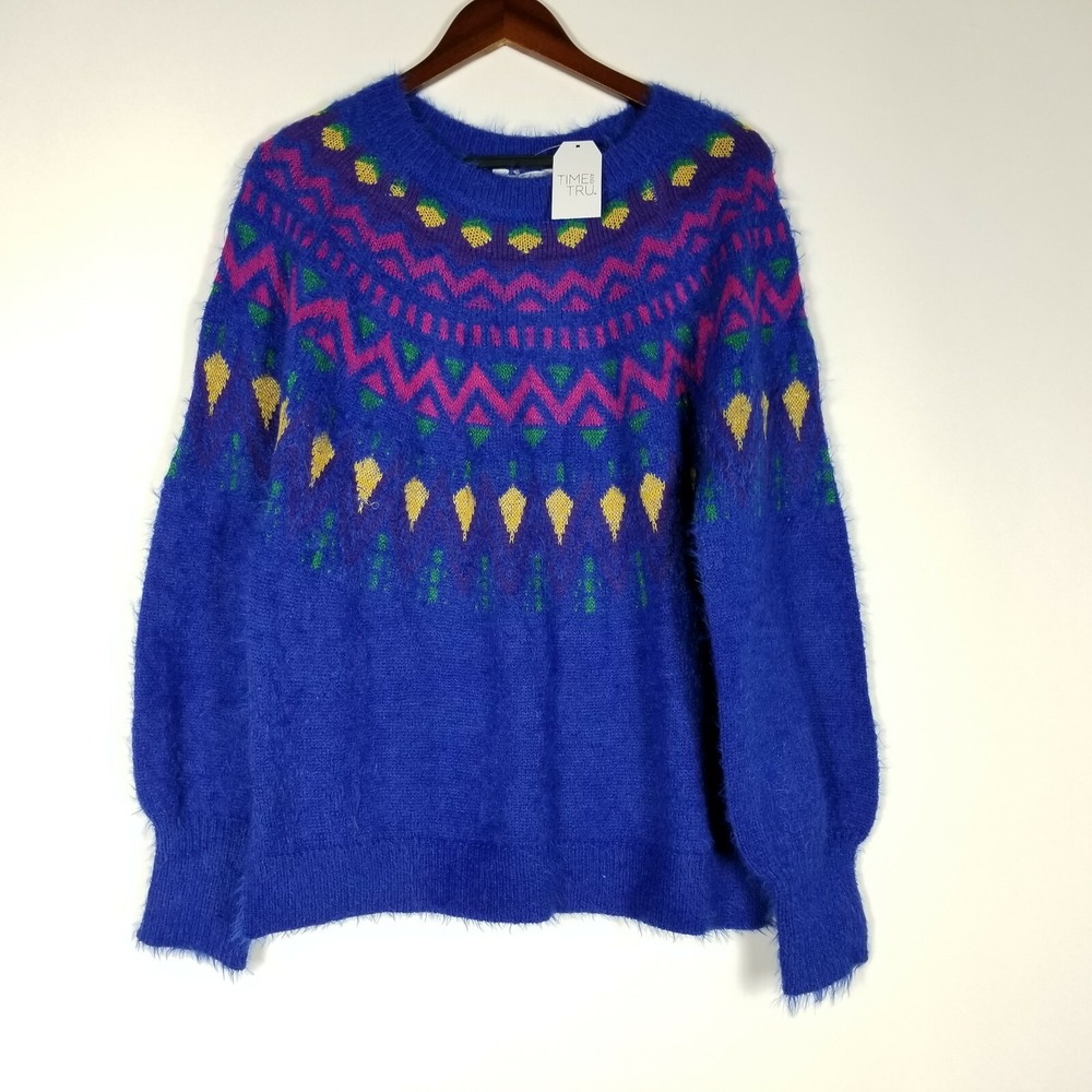 TIME AND TRU Womens Sweater Size S 4 6 Blue Fuzzy Vintage Style Chevron‎ Striped
